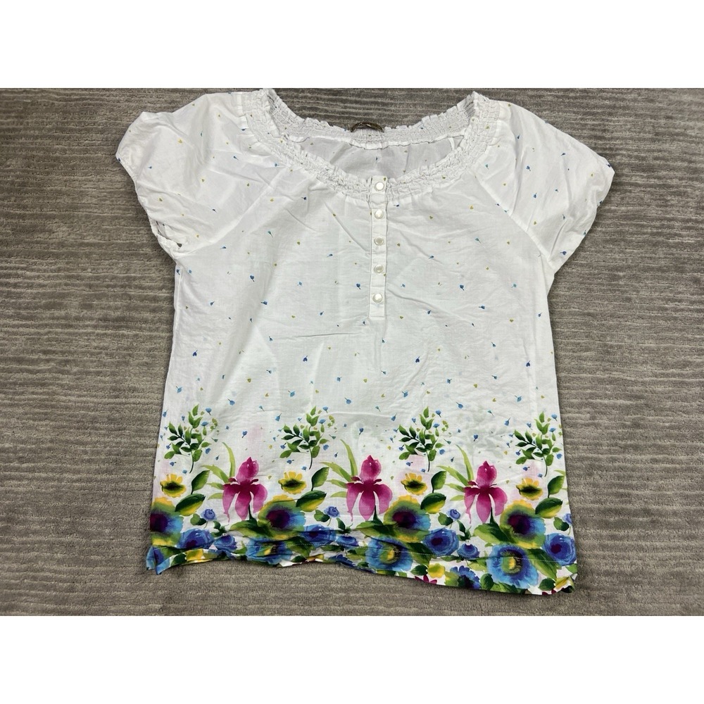 Art and Soul‎ Top Womens Medium White Floral Short Sleeve Pleated Ruffle